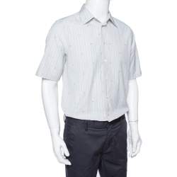 Gucci Pale Green Striped Cotton G Detail Short Sleeve Shirt M