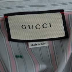 Gucci Pale Green Striped Cotton G Detail Short Sleeve Shirt M
