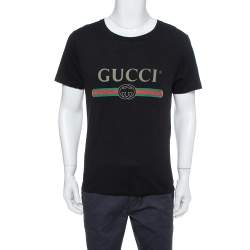 Gucci Black Logo Printed Cotton Distressed Crewneck T Shirt S