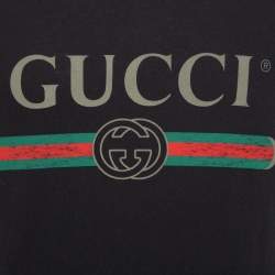 Gucci Black Logo Printed Cotton Distressed Crewneck T Shirt S