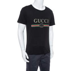 Gucci Black Logo Printed Cotton Distressed Crewneck T Shirt S