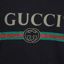 Pre Owned تي شيرت غوشتي رقبة مستديرة طباعة شعار نمط مغسول قطن أسود L