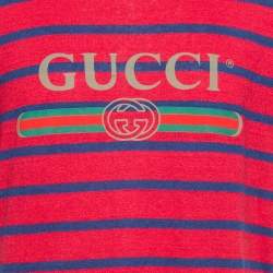 مملوكة مسبقًا Gucci Red & Blue Striped Linen Knit Logo Printed Oversized T Shirt S