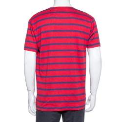 مملوكة مسبقًا Gucci Red & Blue Striped Linen Knit Logo Printed Oversized T Shirt S