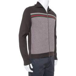 Gucci Brown Web Stripe Intarsia Knit Zipper Front Sweater M