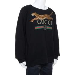Gucci Black Logo Printed Cotton Leopard Applique Detail Sweatshirt XXL
