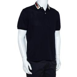 Gucci Navy Blue Cotton Pique Web Trim & Feline Head Collar Detail Polo T-Shirt L