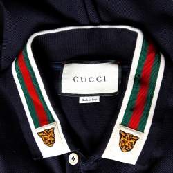 Gucci Navy Blue Cotton Pique Web Trim & Feline Head Collar Detail Polo T-Shirt L
