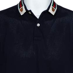 Gucci Navy Blue Cotton Pique Web Trim & Feline Head Collar Detail Polo T-Shirt L
