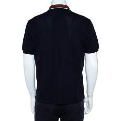 Gucci Navy Blue Cotton Pique Web Trim & Feline Head Collar Detail Polo T-Shirt L