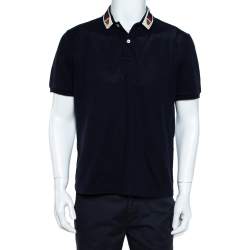 Gucci Navy Blue Cotton Pique Web Trim & Feline Head Collar Detail Polo T-Shirt L