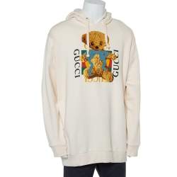 مملوكة مسبقًا هودي غوتشي قطن كريمي بالشعار أبليك مزين واسع مقاس كبير جدًا - إكس لارج