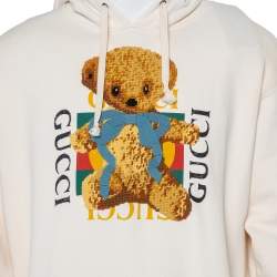 مملوكة مسبقًا هودي غوتشي قطن كريمي بالشعار أبليك مزين واسع مقاس كبير جدًا - إكس لارج