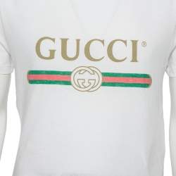 Gucci White Washed Cotton Logo Printed Oversized Crewneck T-Shirt XS