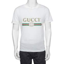 Gucci White Washed Cotton Logo Printed Oversized Crewneck T-Shirt XS