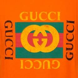 مملوكة مسبقًا تي شيرت غوتشي رقبة مستديرة ممزق قطن طباعة شعار برتقالي مقاس صغير