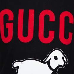مملوكة مسبقًا تي شيرت غوتشي كبير الحجم رقبة مستديرة قطن مطبوع خروف و شعار الماركة أسود مقاس صغير جداً (اكس سمول)