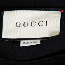 مملوكة مسبقًا تي شيرت غوتشي كبير الحجم رقبة مستديرة قطن مطبوع خروف و شعار الماركة أسود مقاس صغير جداً (اكس سمول)