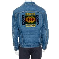 مملوكة مسبقًا Gucci Navy Blue Washed Denim Logo Patch Detail Button Front Jacket XS