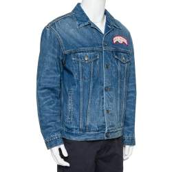 مملوكة مسبقًا Gucci Navy Blue Washed Denim Logo Patch Detail Button Front Jacket XS