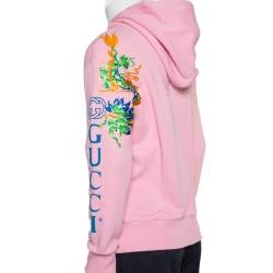 Gucci Pink Cotton Logo Dragon Embroidered Hoodie XS