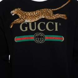 Gucci Black Logo Printed Cotton Leopard Applique Detail Sweatshirt S
