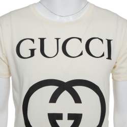 Pre Owned تي شيرت غوتشي رقبة مستديرة كبير قطن طباعة حرف جي متشابك كريمي مقاس صغير جداً