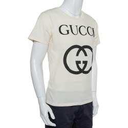 Pre Owned تي شيرت غوتشي رقبة مستديرة كبير قطن طباعة حرف جي متشابك كريمي مقاس صغير جداً