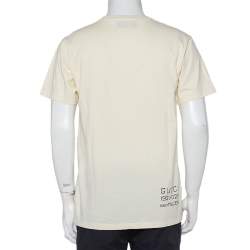 مملوكة مسبقًا تي شيرت غوتشي كبير الحجم رقبة مستديرة قطن مطبوع شعار الماركة كريمي مقاس صغير جداً (اكس سمول)