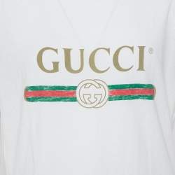 مملوكة مسبقًا تي شيرت غوتشي رقبة مستديرة كبير طباعة شعار قطن أبيض مقاس متوسط