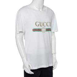 مملوكة مسبقًا تي شيرت غوتشي رقبة مستديرة كبير طباعة شعار قطن أبيض مقاس متوسط