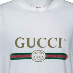 Gucci White Logo Printed Cotton Distressed Crewneck T-Shirt XL