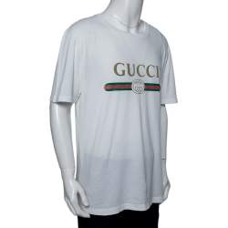 Gucci White Logo Printed Cotton Distressed Crewneck T-Shirt XL