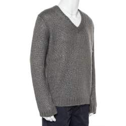 Pre Owned Gucci Grey Silk & Mohair Cable Knit V-Neck Sweater XL