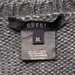 Pre Owned Gucci Grey Silk & Mohair Cable Knit V-Neck Sweater XL