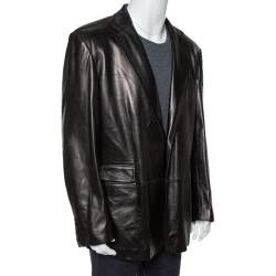 Gucci Brown Leather Button Front Blazer 3XL