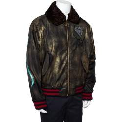 Pre Owned Gucci Metallic Ghost Handpainted Synthetic & Fur Trim Bomber Jacket XXL