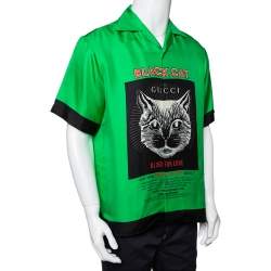 Pre Owned Gucci Green Cat Print Silk Bowling Shirt M