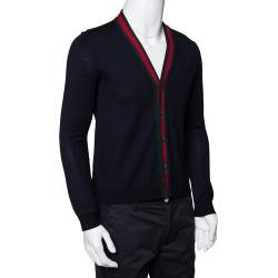 Gucci Ink Blue Wool Web Stripe Detail Open Front Cardigan XS