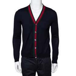 Gucci Ink Blue Wool Web Stripe Detail Open Front Cardigan XS