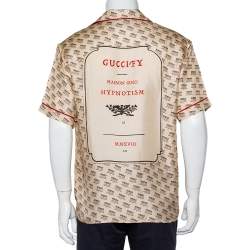 Pre Owned Gucci Beige Silk Invite Stamp Bowling Shirt M