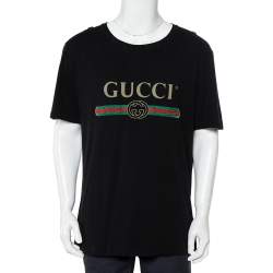 مملوكة مسبقًا Gucci Black Washed Logo Printed Cotton Crewneck Distressed T-Shirt L