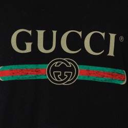 مملوكة مسبقًا Gucci Black Washed Logo Printed Cotton Crewneck Distressed T-Shirt L