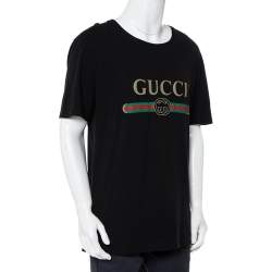 مملوكة مسبقًا Gucci Black Washed Logo Printed Cotton Crewneck Distressed T-Shirt L