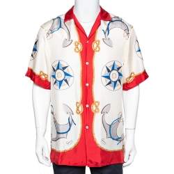 Pre Owned Gucci Cream & Red Nautical Printed Silk Oversized Bowling Shirt XS