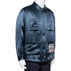 مملوكة مسبقًا جاكت قميص غوتشي فضفاض تفاصيل رقعة وارلدوايد ساتان أخضر داكن مقاس متوسط