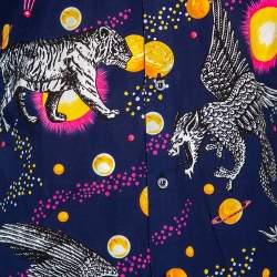 Pre Owned قميص غوتشي قطن مطبوع حيوانات ونباتات أزرق كحلي بأزرار أمامية مقاس صغير - سمول