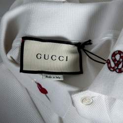 Gucci White Cotton Pique Embroidered Collar Polo T-shirt L