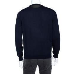 Pre Owned Gucci Navy Blue Wool Leather Tab Detail Crewneck Sweater XXL