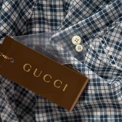 Pre Owned Gucci Blue Dupplin Checked Cotton Front Button Fitted Shirt M